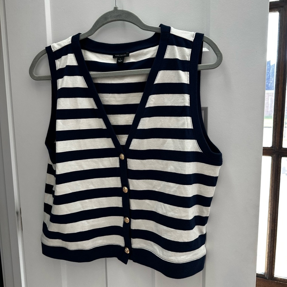 Ann Taylor Navy and White Striped Sleeveless Button Tank
